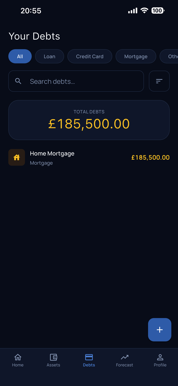 Wealthly app forecast view showing projected net worth growth